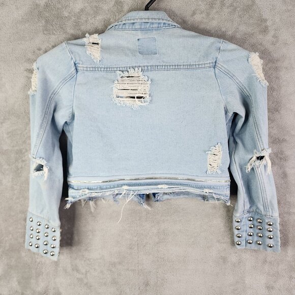 Womens BBJ Distressed Blue Denim Crop Jacket Studded Cuffs Full Zip Size S - Picture 8 of 11